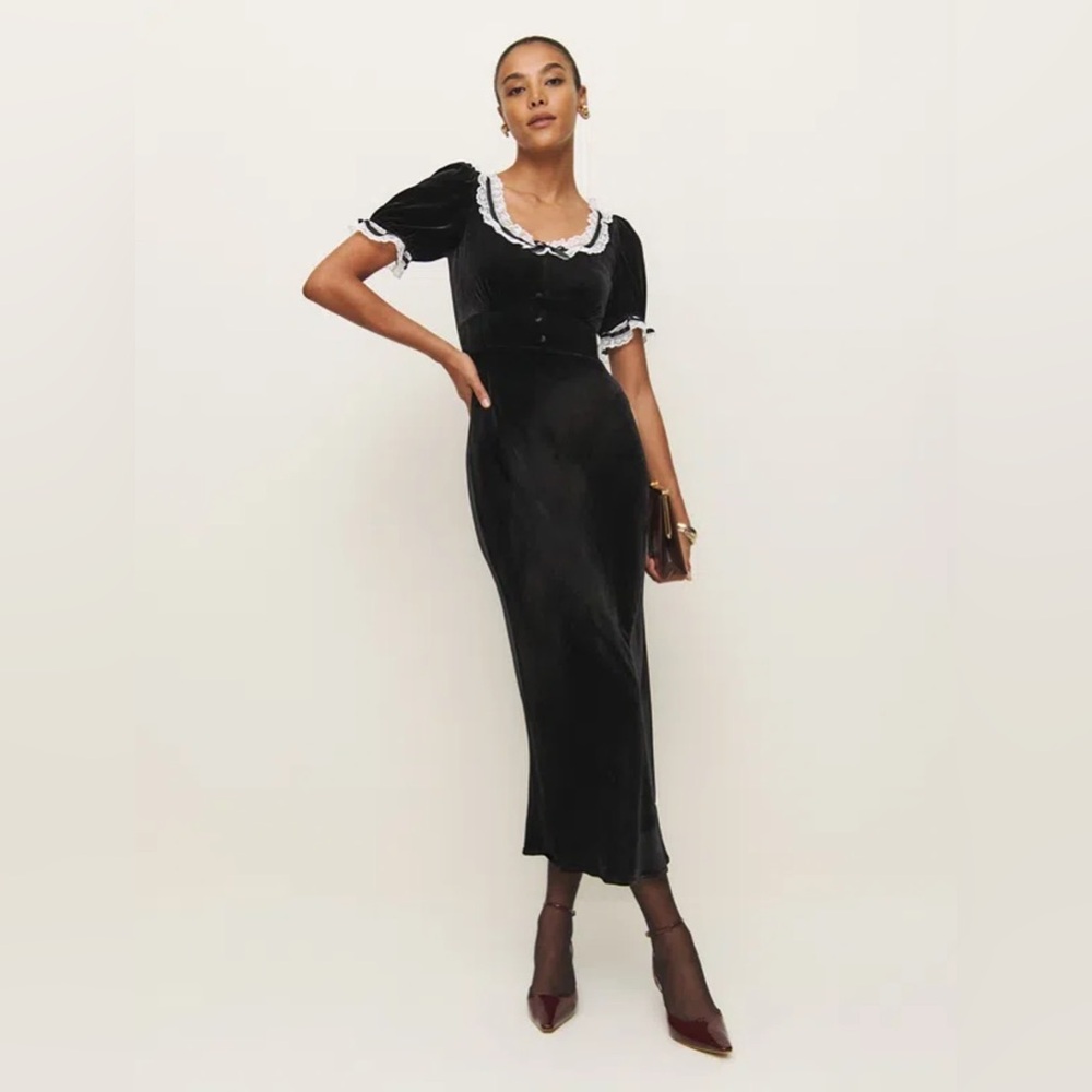 Reformation Adessa Velvet Lace Black Dress NWT